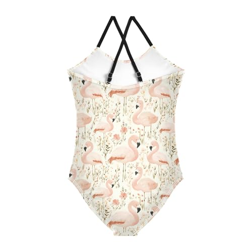 senya Girls Swimsuits One-Piece Swimwear Tie Bathing Suit Beach Summer Round Neck 7-8T Flamingo Flowers Pattern2