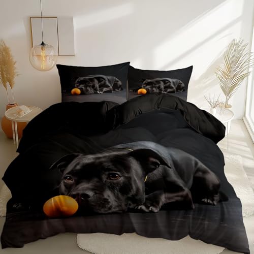 Juego de Ropa de Cama de 3 Piezas, Microfibra Suave Mascota Cachorro Pelota Estampada Negro Fundas de edredón con Cierre de Cremallera, para Adultos y Adolescentes, 200 x 200 cm