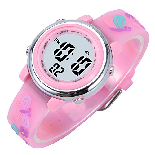 New Butterfly Kids Watches 3D Cartoon Silicone Waterproof 7 LED Color Lights Toddler Digital Wrist Watch with Alarm Stopwatch for 3-10 Year Girls Little Child (Pink)3