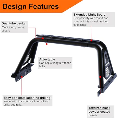 Image of R10 Sport Bar Roll Bar for Full Size Pickup Truck, Adjustable Black Chase Rack Compatible with Ram 1500 /2500 /3500,Silverado,Tundra,F-Series,Sierra,Titan&Titan XD,Light Mounts