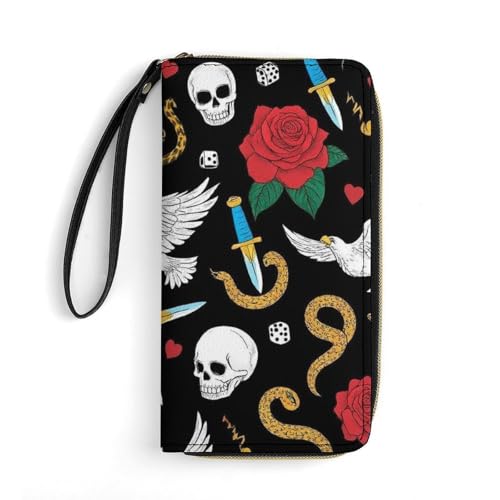 Women's Cute Decor Long PU Zipper Wallet, Travel Purse Fashion Design, Huge Storage Capacity Purse With Rope Cool Rock Wild Eagle Red Rose Skull Floral