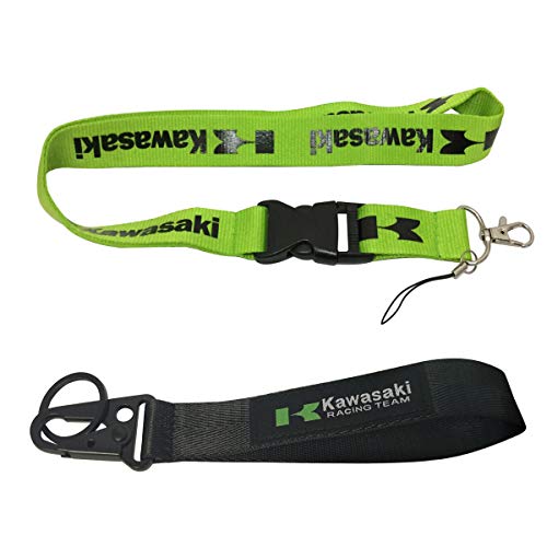 Ewein 1pc Lanyard + 1pc Wristlet Keychain Key Ring Embroidered Logo Motorcycle Superbike Motorrad Motorsport Scooter Car SUV Truck House Keys Chain Office ID Biker Accessories Works with Kawasaki