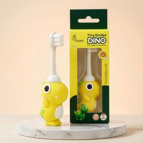 Image of R for Rabbit Tiny Smiles Dino Kids Toothbrush with Tongue Cleaner for Toddlers & Babies 2+ Years | Extra Ultra Soft PBT Bristles, Gentle on Gums | Cute 3D Dinosaur Easy Grip Handle | BPA Free (Yellow)