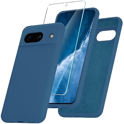 YENAPOON for Google Pixel 8a Case, Silicone Phone Case with 1 Screen Protector, Soft Anti-Scratch Microfiber Lining, Full Body Shockproof Slim Cover Support Wireless Charging, Navy Blue Cover