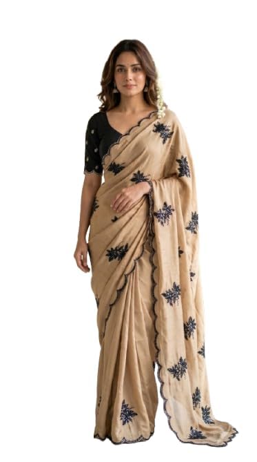 Women's Rangoli Silk Saree With Unstitched Blouse Piece | Black Sequin Floral Embroidery | Scallop Border | Beige Gold sari-picture-16