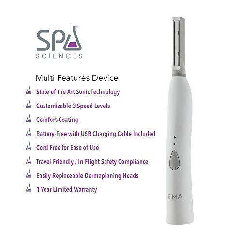 Spa Sciences - Sima Dermaplaning Tool - Patented Painless 2 In 1 Facial Exfoliation & Peach Fuzz-Hair Removal System W/ 7 Weeks Treatment Included - Anti-Aging – 3 Speeds - Rechargeable #TOP6
