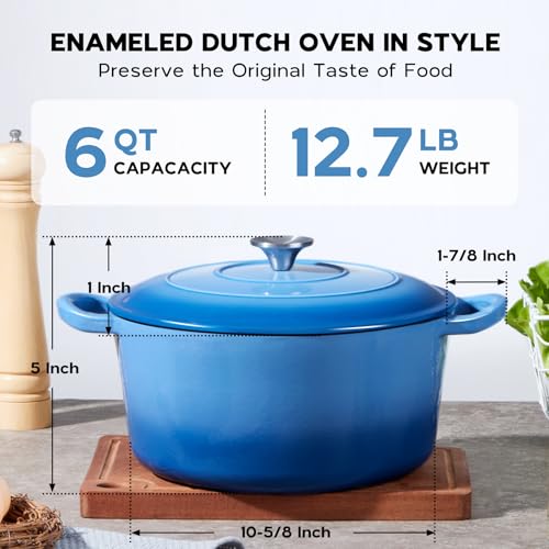 Onader 6QT Enameled Cast Iron Dutch Oven Pot with Lid, Round Dutch Oven for Bread Baking, Heavy Duty - Blue
