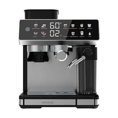 Cecotec Cafetera Express Barista Power Espresso 20 Barista Grind & Latte. 1350W, 20 Bares, Molinillo Cónico, 2.6L Depósito Agua, 100g Café y 500ml Leche, Pantalla Táctil, Autolimpieza, Personalizado