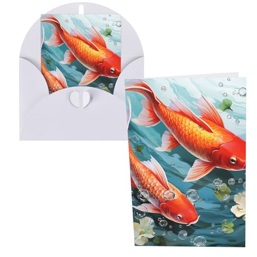 Thank You Cards With Envelopes, Japanese Pretty Red Carp Fish 4x6 Inch Greeting Card Set Of 1 For Personalized Notes Formal All Occasion Cards Suitable For Small Business, Baby Shower, Wedding, Graduation
