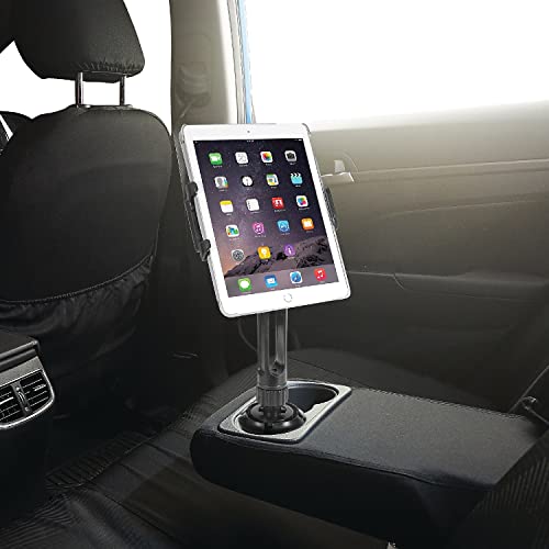Macally Cup Holder Tablet Mount - Heavy Duty iPad Cup Holder Car Mount Stand or Tablet Holder for Car, Truck, and Vehicle - Fits Devices 3.5" - 8” Wide with Case - Adjustable iPad Holder for Car
