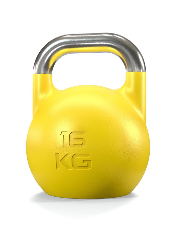 Atletica Kettlebell da competizione, 16 kg, giallo, in ghisa sferica, qualità da studio, logo discreto, codice colore competizione per una facile maneggevolezza, allenamento funzionale per tutto il