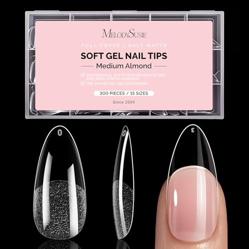 MelodySusie Medium Almond X Nail Tips - 300Pcs 15 Sizes Clear Acrylic Half Matte Full Cover Press on Nails for DIY Extension&Salon Use Pre-Shaped for Long-Lasting Manicure