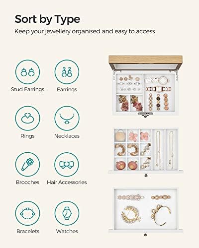 SONGMICS Jewellery Box, 3-Tier Jewellery Organiser with Large Mirror, 2 Drawers, Lockable, Gift for Loved Ones, for Rings, Earrings, Bracelets, Necklaces, White and Wood Grain Colour JOW15WN