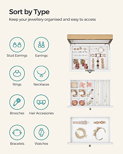Songmics Jewelry Box, 3-Tier Jewelry Organizer Box, Locking Jewelry Case With Large Mirror, 2 Drawers, Gift Idea, For Rings, Earrings, Bracelets, Necklaces, White And Wood Grain Color Ujow15Wn #TOP2
