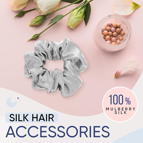 Image of Blissy Silk Scrunchies (3 Pack) - 100% Pure Mulberry Silk - 22 Momme 6A High-Grade Fibers Scrunchie for Straight & Curly Hair - Preventing Breakage, Tangling, & Creasing (Silver Regular)