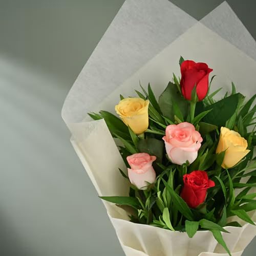 Image of FlowerAura Premium Fresh Live Flower Bouquet of 6 Mix Roses In Wrapping Paper Gift For Birthday | Anniversary | Love | Home Decor | Fathers Day Gift For Dad (Same Day Delivery)