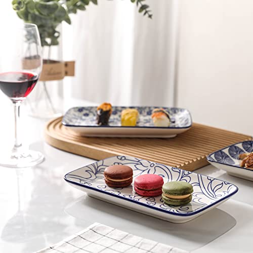 Selamica Ceramic 9.5 Inch Large Rectangular Salad Plates, Dinner Plates, Pasta Dessert Plates Serving Platters And Trays For Appetizer, Sushi, Fruit, Set Of 6, Vintage Blue #TOP4