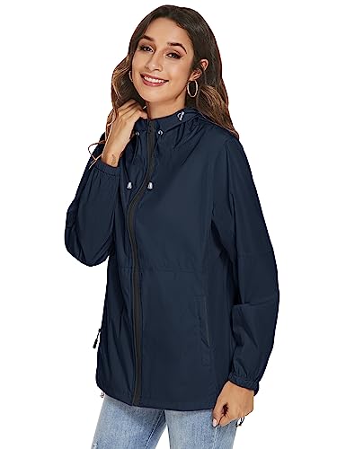iWoo Dünne Regenjacke Damen Funktionsjacke Wasserdicht Atmungsaktiv Leicht Regenmantel Übergangsjacke für Wandern Reisen Treking, Navy Blau XL