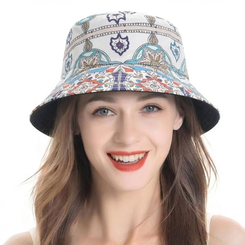 ZLYC Printed Bucket Hat for Women Men Packable Summer Hat,Moroccan Paisley