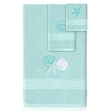 Hillsuren 3 Pcs Coastal Seashell Bathroom Towel Set Farmhouse Embroidered Coastal Seashell Towels Vintage Decorative 100% Cotton Bath Towel Highly Absorbent Summer Decor Set for Bathroom