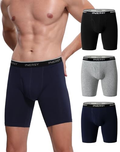 INNERSY Boxershorts Herren Lang Unterhosen Männer Baumwolle Sport Unterwäsche Retroshorts 3 Pack (XXL, Schwarz/Grau/Marineblau)