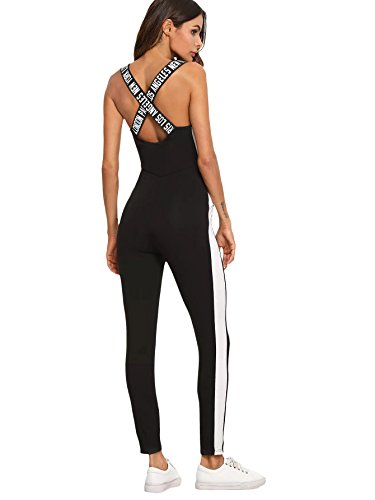 SweatyRocks Women's Spaghetti Strap Criss Cross Back Bodycon Tank Jumpsuits Rompers Playsuit Letter Black Medium