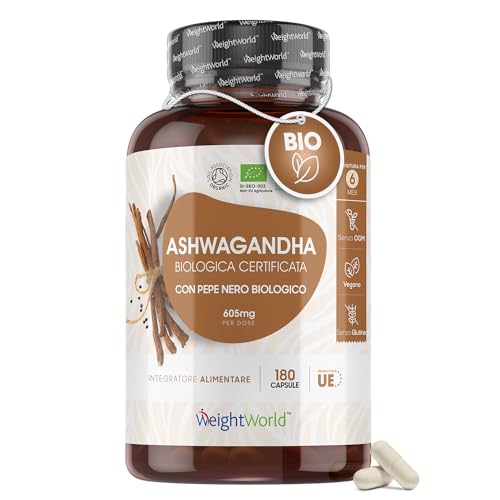 Ashwagandha 100% Bio Certificata - 1 Capsula al Giorno -180 Ashwagandha Capsule (6 Mesi) 600mg Ashwagandha Polvere Pura + 5mg Pepe Nero Bio - Ashwaganda Ginseng Indiano Integratore Withania Somnifera
