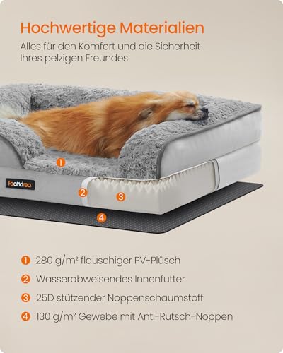 Feandrea Orthopädisches Hundebett für kleine Hunde, wasserdichtes Hundesofa mit abnehmbarem Plüsch-Bezug, 71 x 58 x 16 cm, Taubengrau PGW251G01