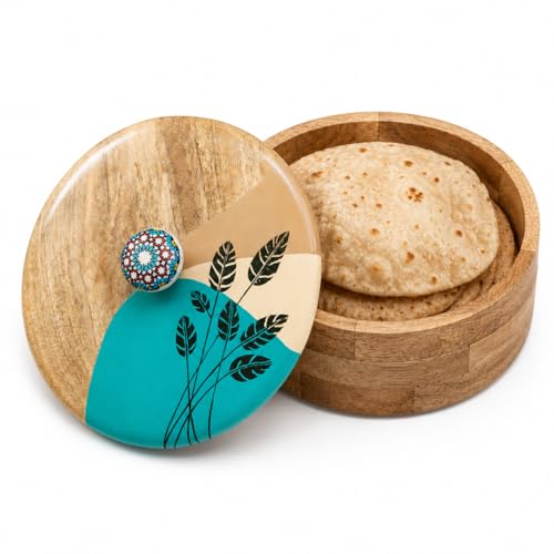 Image of Artysta 'Green Leaf' Wooden Chapati Box | Wooden Casserole For Roti | Chapati Box For Kitchen | Roti Box with Lid | Housewarming Gifts | Handpainted Roti Box | Mango Wood 8inch, 1080ml