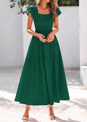 Image of KIRUNDO Smocked Summer Midi Dresses for Women 2026 | Flowy Long Dress, Ruffle Short Sleeve, Square Neck, Pocketed, Sundress for Casual, Church, Wedding Guest, Baby Shower