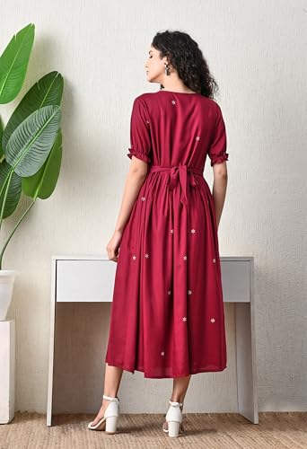 Image of Ichaa Women's Aqua Rayon Printed Maternity Dress with Feeding Zips and Pocket, in Plus Sizes