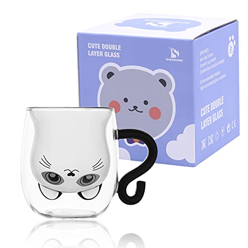 Tazas negras con asa de gato lindo Gato lindo de las tazasTaza de café de téTazas de café expreso de vidrio aislante de…