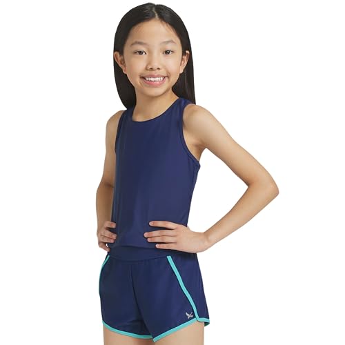 Eddie Bauer Girls UPF 50+ Racerback Tankini Top and Swim Short Set Midieval Blue Small