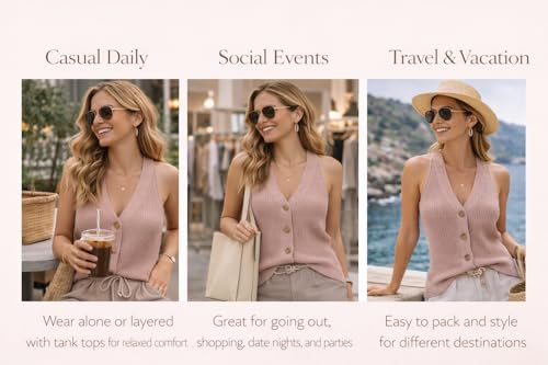 Image of Womens Button-Front Sweater Vest Top V Neck Sleeveless Knit Tank Fitted Halter Raceback Cardigan Vest