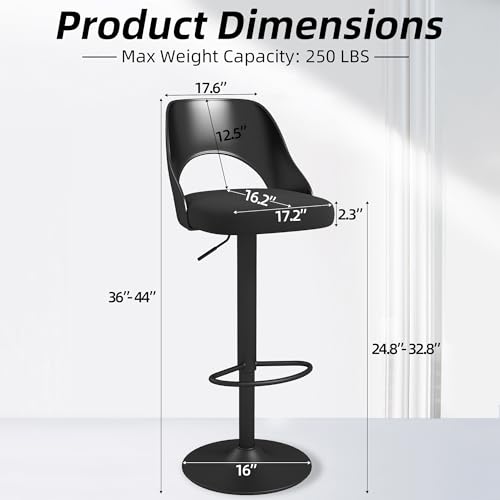 civama Bar Stools Set of 3 for Kitchen Counter, Seat Height Adjustable 25\'\'-33\'\', Modern Upholstered Swivel Island Chairs with Hollow Backrest Metal Base, Black Cotton Linen Fabric with Black Base - Thumbnail 2
