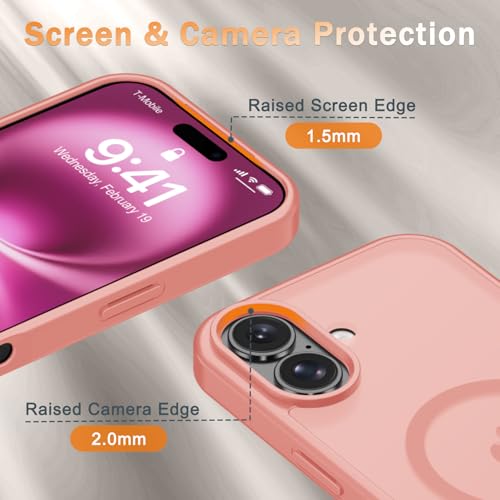 Image of YENAPOON for iPhone 16 Plus Case, Matte Magnetic Phone Cover [with 1 Screen Protector] [Support for MagSafe] [Shockproof Military Grade Protection] Translucent Frosted Back, Pink