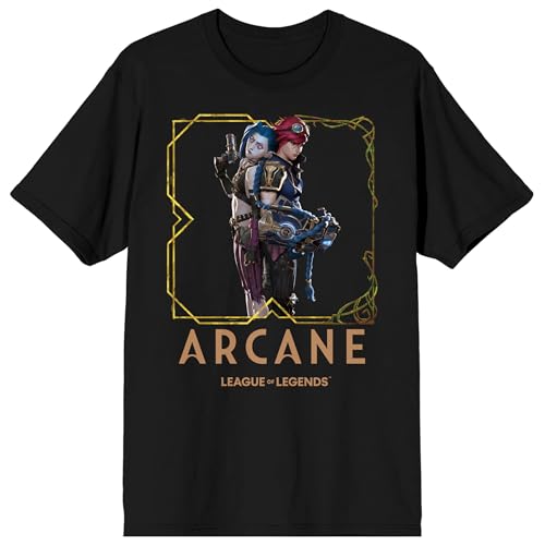 Arcane Jinx and Vi, Butterfly Icon, Logo Text on Black Short Sleeve Adult T-Shirt