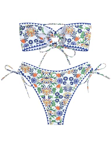 Image of ZAFUL Women's Bandeau Bikini O Ring Strapless Tie Back High Cut Two Piece Swimsuit Bathing Suits