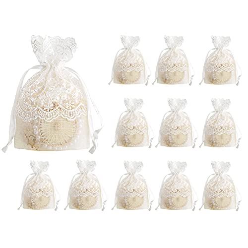 HYKITDAY Lot de 12 sacs à dragées de mariage avec cordon de serrage pour bijoux, bonbons, fêtes Blanc