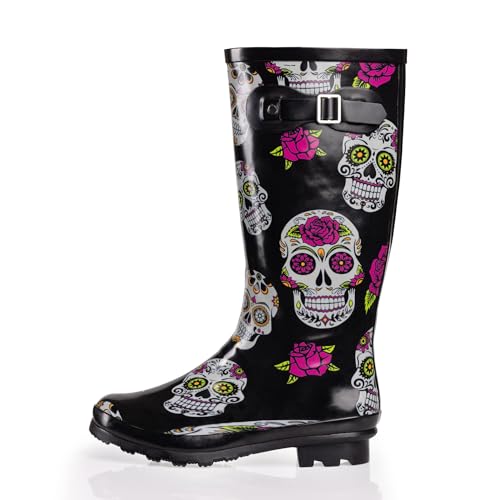 NORTY Waterproof Rain Boots for Women Size 8, Tall & High Calf Rain Shoes, Slip-Resistant, Comfortable Rainboots, Stylish Outdoor & Garden Boots, Glossy Rose Skulls Design, 13.25” Shaft