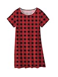 QZH.DUAO Girls Nightgowns Softness Summer Nightdress Cotton Sleepshirts Breathable Sleepwear, Red Black & Plaid, 7-8 Years = Tag 140