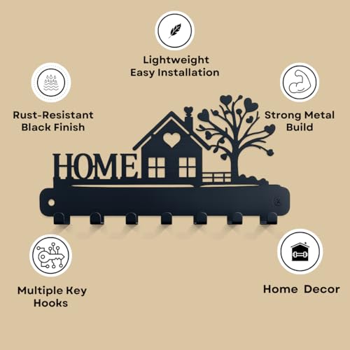 Image of Metal Key Holder Wall Mount - 7 Hooks | Decorative Key Rack & Organizer, Sturdy Hanger for Keys | Stylish Metal Wall Decor Key Hanger for Entryway, Kitchen, Hallway & Room Decor, Gift