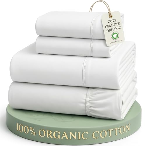 LANE LINEN 100% Organic Cotton King Size Sheets Set, Soft & Comfy All Season Breathable Sheets King Size, Percale Weave Fully Elasticized Eco Friendly Naturally Cooling King White Bed Sheets
