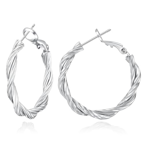 MOYUXI Sterling Silver Twisted Hoop Earrings for Women Non Tarnish S925 Earings Hoops Medium Trendy Twisty Earring Hypoallergenic Braided 925 Sterling Silver Hoop Earring