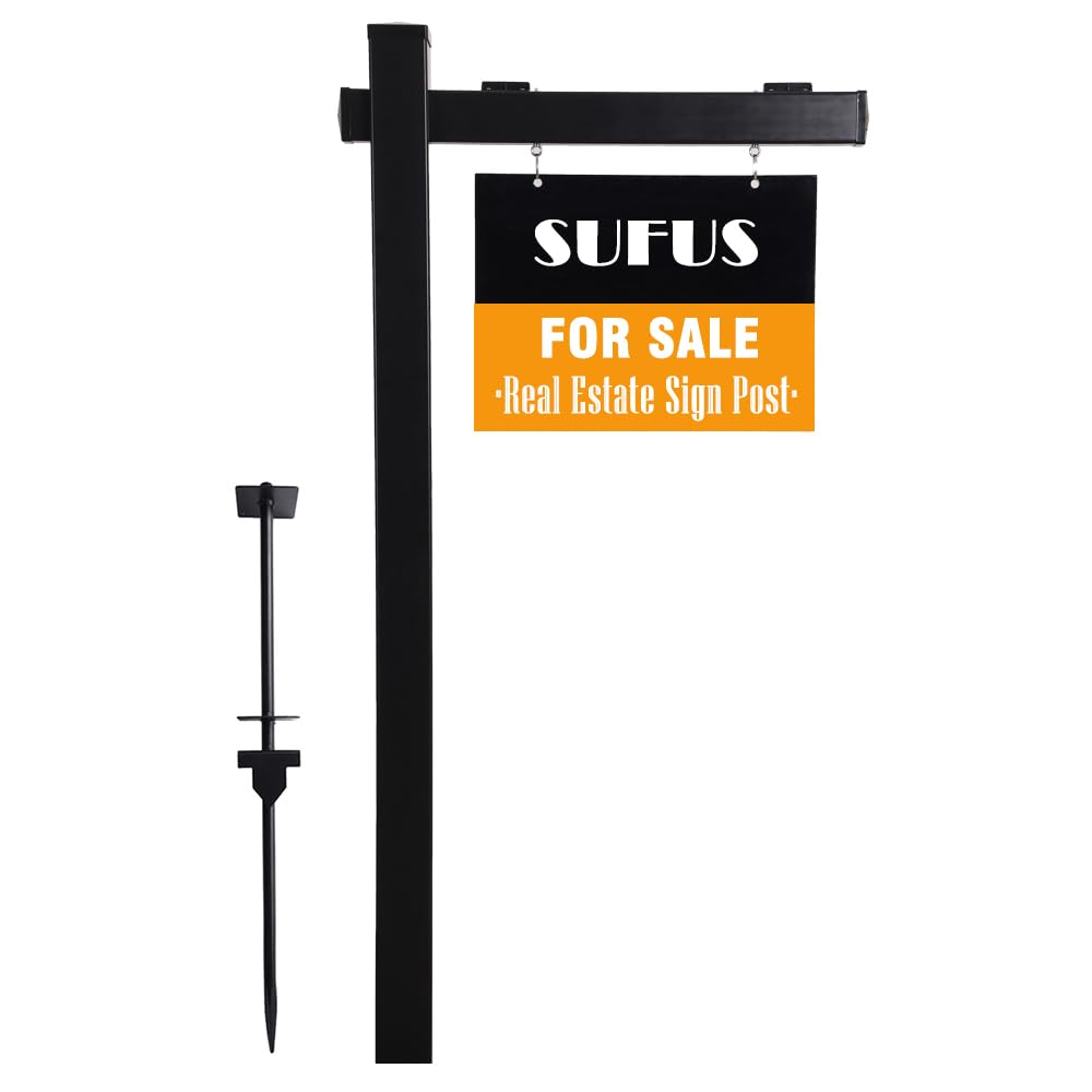 SUFUS Vinyl PVC Real Estate Sign Post 6' Tall (4"x 4"x 72"), Realtor Yard Sign Post with Flat Cap for Open House and Home for Sale, 47" Arm Holds Up to 36" Sign, Black (No Sign)