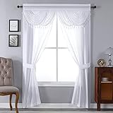 Regal Home Collections Amore 5-Piece Window Curtain Set - 54-Inch W x84-Inch L Panels with Attached Valance and 2 Tiebacks - Bedroom and Living Room Curtains (White)