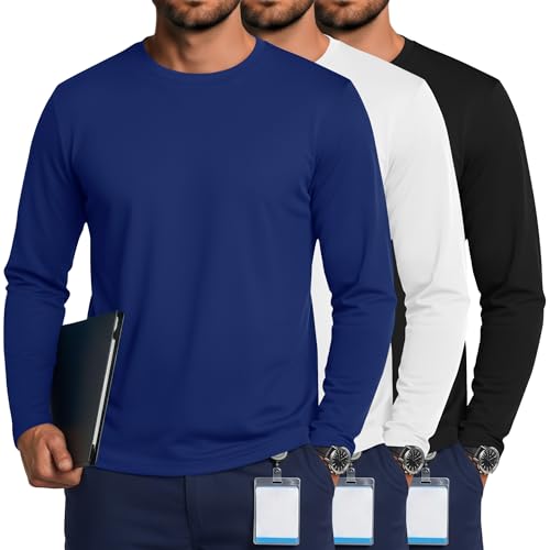Locoowai 3 Pack Men's Big & Tall Long Sleeve Underscrub Tops Crew Neck Base Layer Undershirts Slim Fit T Shirts Basic Tops(Black, White, Royal Blue,3X-Large)