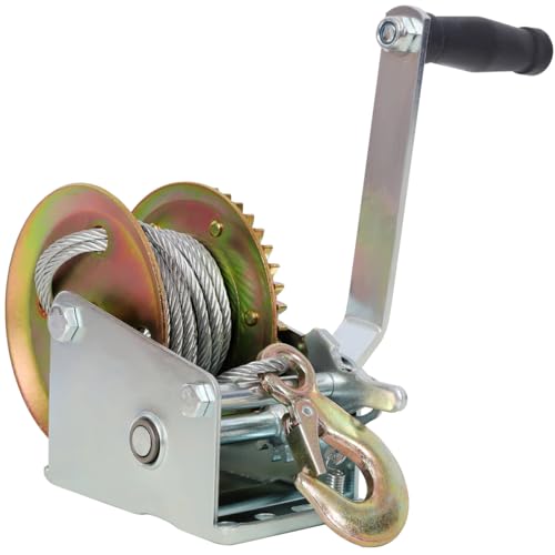 1600LBS Hand Winch, with 32.8FT Steel Cable, Galvanized Shell, 4.1:1 Gear Ratio Portable Winch, Two-Way Ratchet, Manual Operated Hand Crank Winch for Trailer, Boat or ATV Towing (32.8FT-1600LBS)