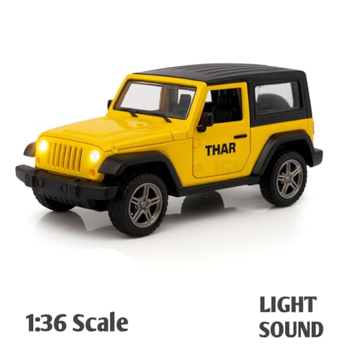 Image of 1:36 Scale Thar Toy Car - Die-Cast Alloy Model SUV with Pullback Action, Lights & Music, Openable Doors - Collectible Jeep Toy Car for Kids, Boys & Enthusiasts (Yellow)