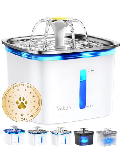 Veken Innovation Award Winner 95oz/2.8L Cat Water Fountain with Stainless Steel Lid, Automatic Pet Fountain Dog Water Dispenser with Replacement Filters for Cats, Dogs (Silver, Stainless Steel)